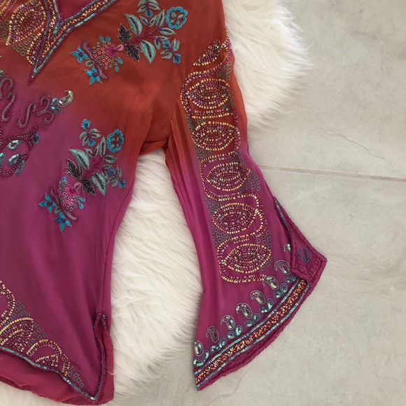 Bell-Sleeve Silk Beaded Blouse, size M - Picture 6 of 8